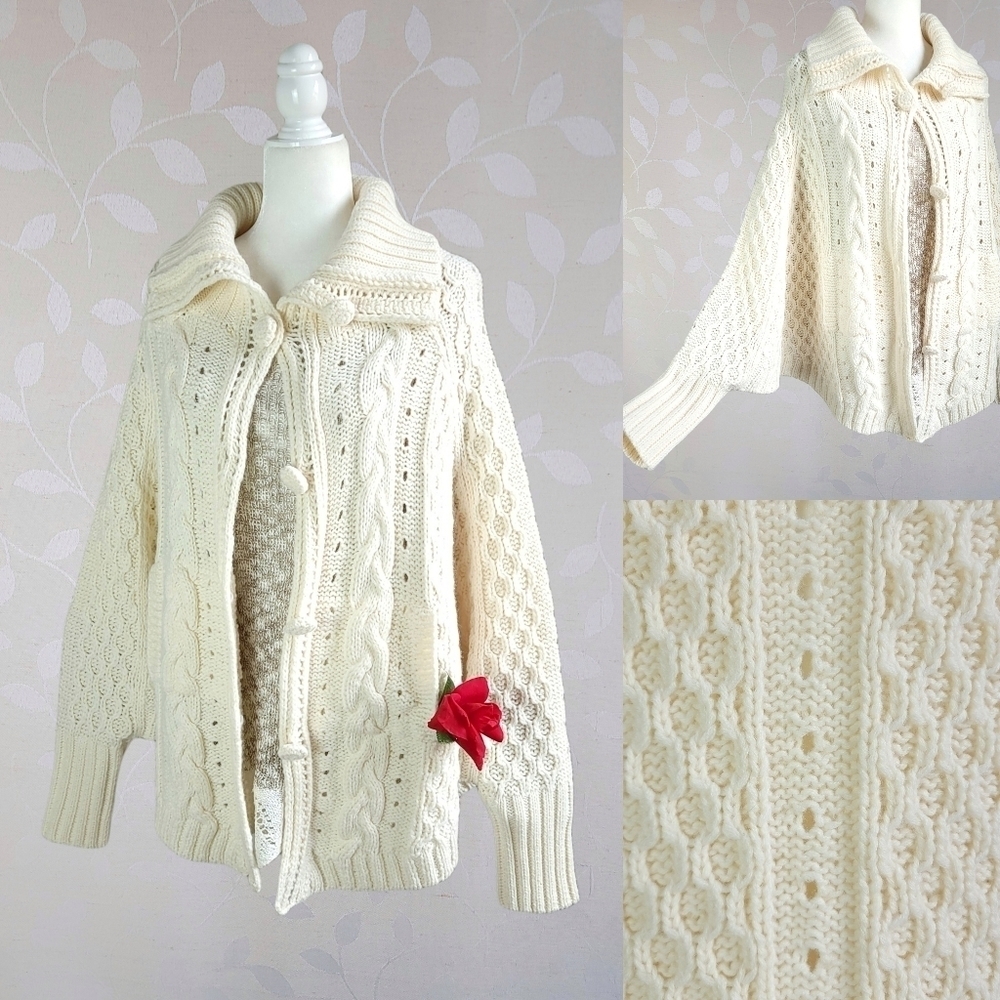 La Redoute Chunky Knit Cardigan Cozy Cottage Twee Cape Fisherman Shawl Cream 10